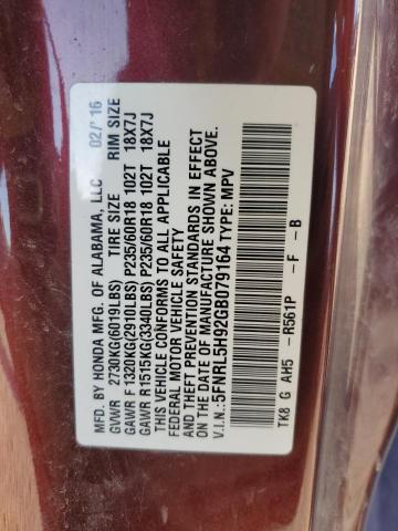 2016 HONDA ODYSSEY TO - 5FNRL5H92GB079164