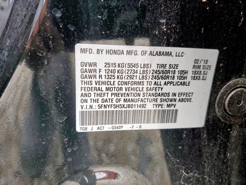 2018 HONDA PILOT EXL 5FNYF5H5XJB011492