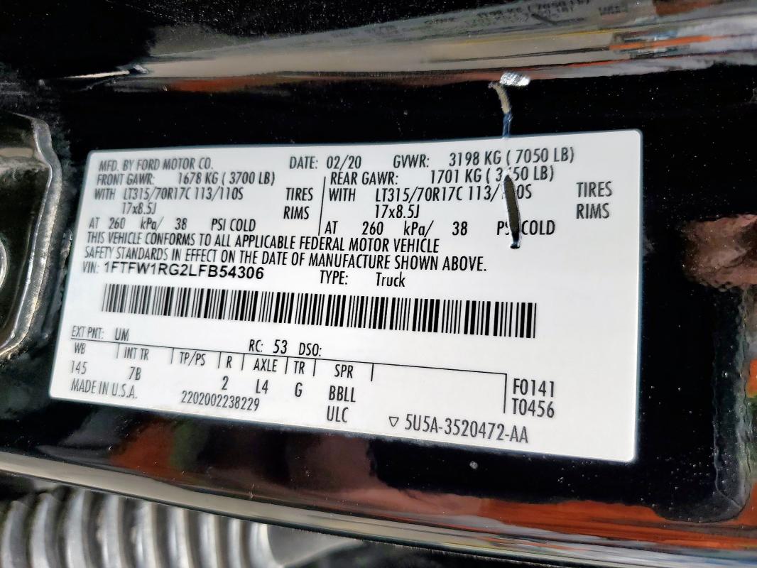 2020 FORD F150 RAPTO - 1FTFW1RG2LFB54306