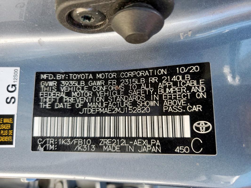 2021 TOYOTA COROLLA LE JTDEPMAE2MJ152820