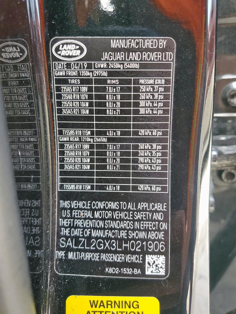2020 LAND ROVER RANGE ROVE SALZL2GX3LH021906