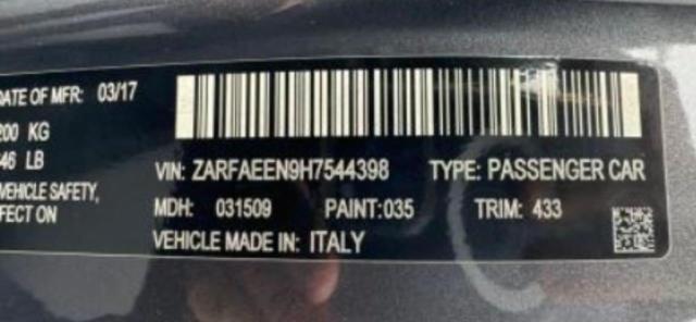 2017 ALFA ROMEO GIULIA TI ZARFAEEN9H7544398