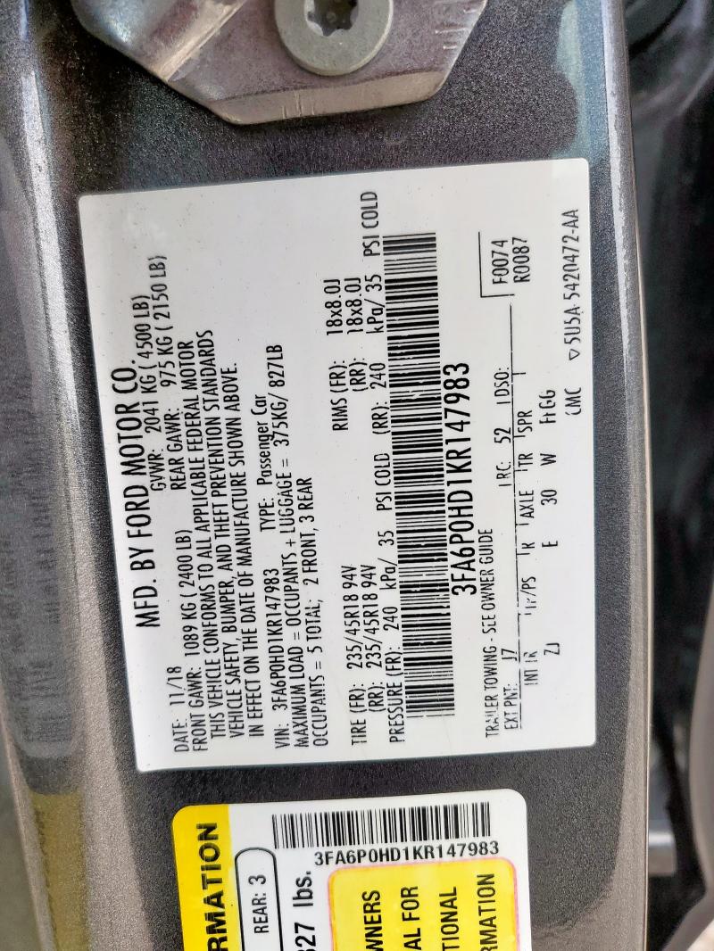 2019 FORD FUSION SE - 3FA6P0HD1KR147983