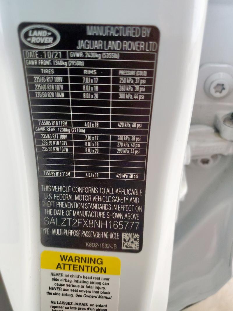 2022 LAND ROVER RANGE ROVE SALZT2FX8NH165777