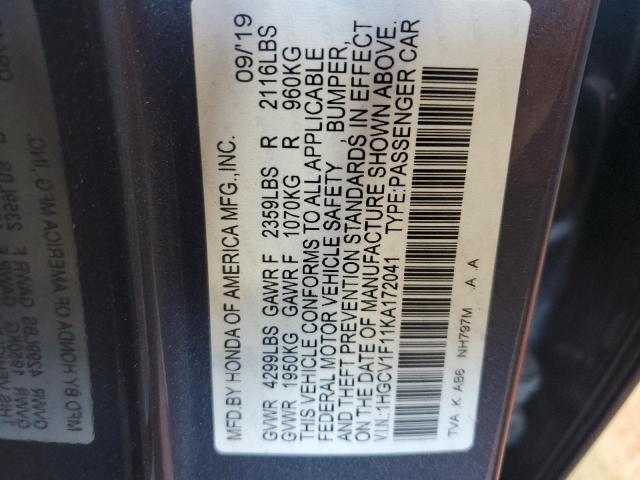 2019 HONDA ACCORD LX 1HGCV1F11KA172041