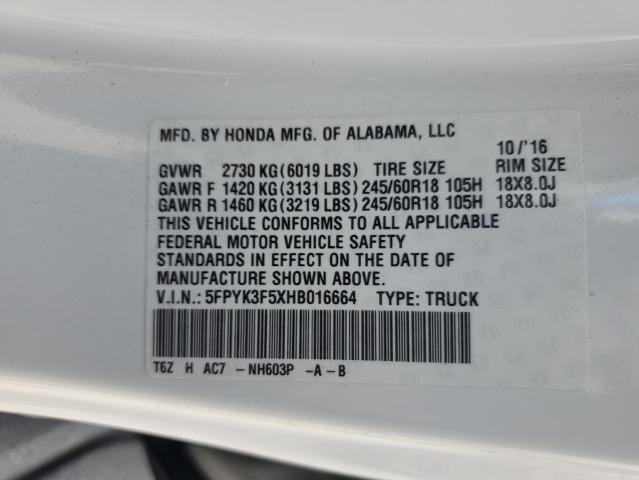 2017 HONDA RIDGELINE 5FPYK3F5XHB016664