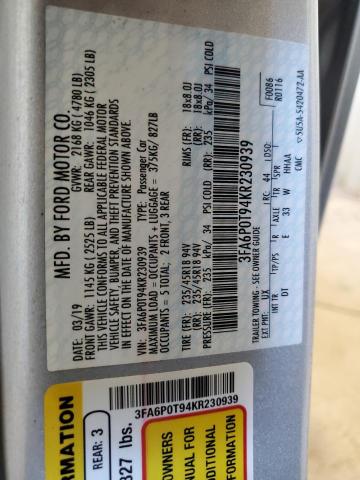 2019 FORD FUSION SE 3FA6P0T94KR230939