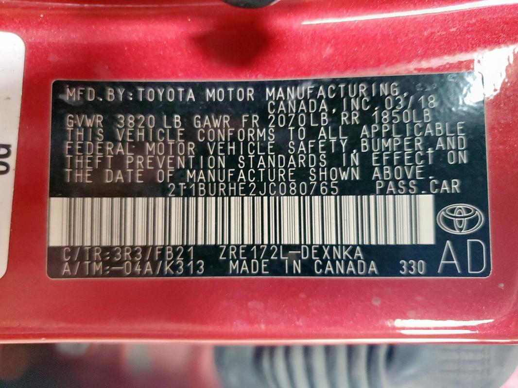 2018 TOYOTA COROLLA L - 2T1BURHE2JC080765