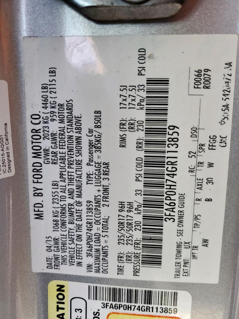 2016 FORD FUSION SE - 3FA6P0H74GR113859