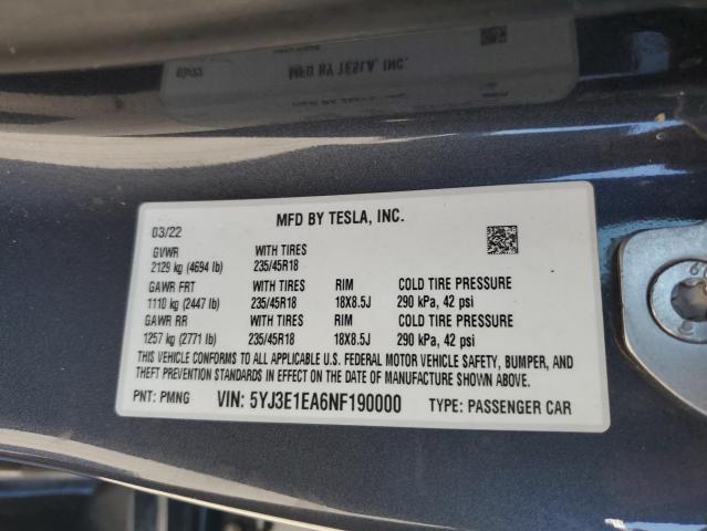 2022 TESLA MODEL 3 5YJ3E1EA6NF190000