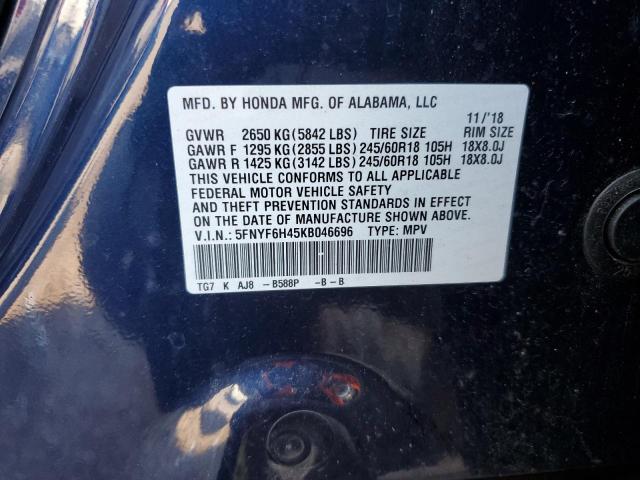 2019 HONDA PILOT EXL 5FNYF6H45KB046696