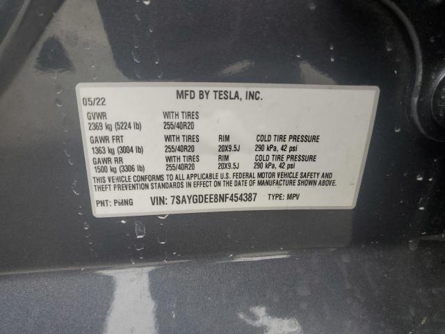 2022 TESLA MODEL Y 7SAYGDEE8NF454387