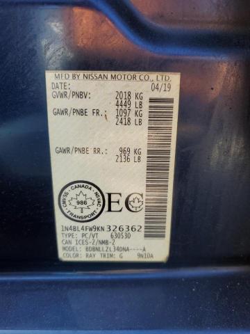 2019 NISSAN ALTIMA PLA 1N4BL4FW9KN326362