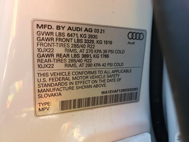 2021 AUDI Q8 PREMIUM WA1EVAF12MD033393