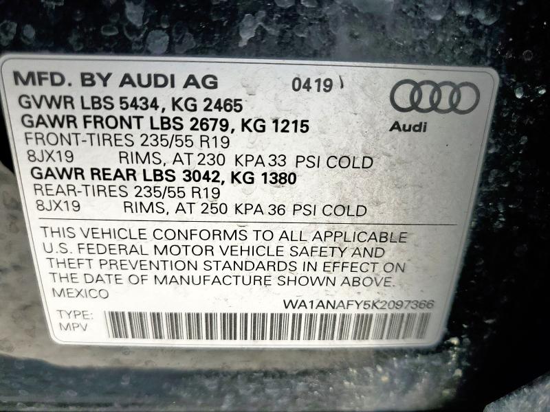 2019 AUDI Q5 PREMIUM WA1ANAFY5K2097366