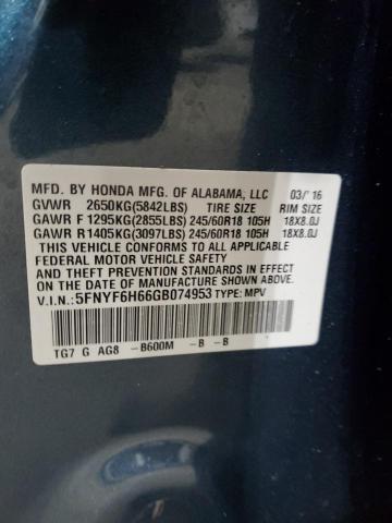 2016 HONDA PILOT EXL 5FNYF6H66GB074953