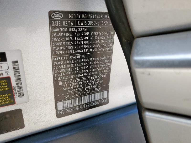 2016 LAND ROVER RANGE ROVE SALGS2VF9GA283593