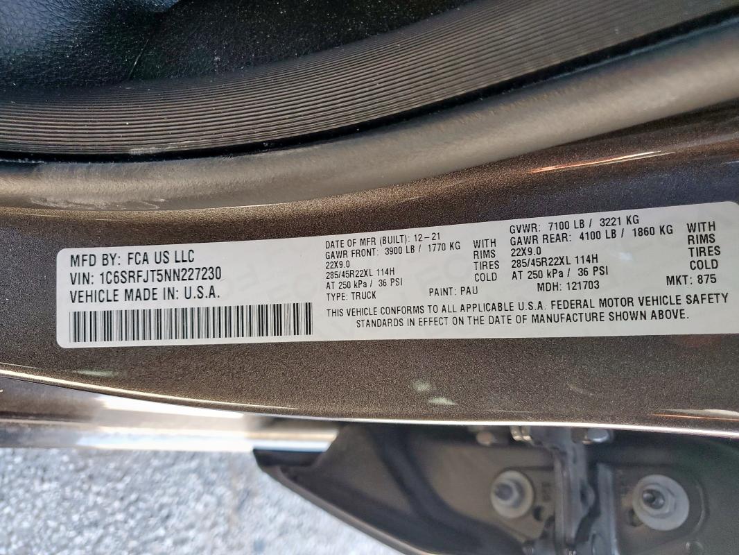 2022 RAM 1500 LARAM 1C6SRFJT5NN227230