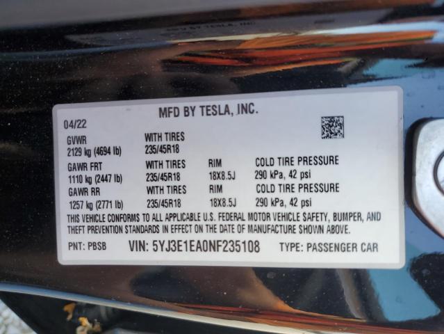 2022 TESLA MODEL 3 5YJ3E1EA0NF235108