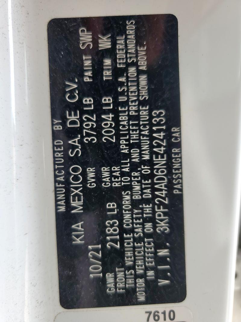 2022 KIA FORTE FE - 3KPF24AD6NE424133
