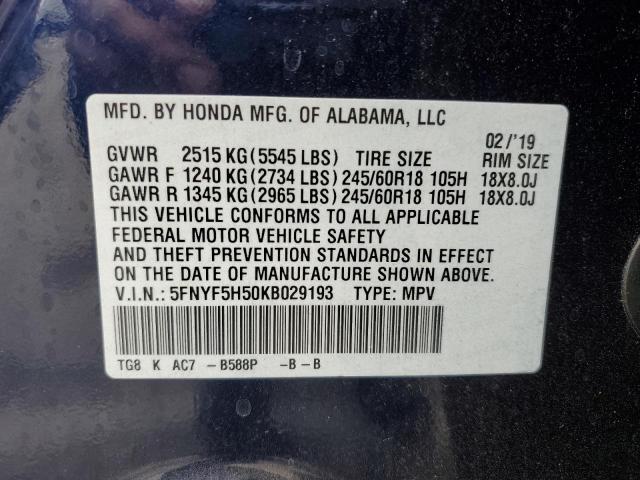 2019 HONDA PILOT EXL 5FNYF5H50KB029193