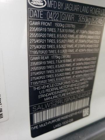 2022 LAND ROVER RANGE ROVE SALWS2RU9NA244648