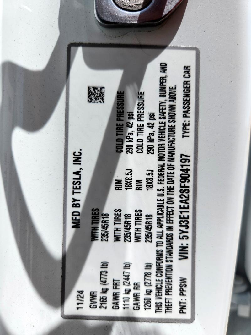 2025 TESLA MODEL 3 5YJ3E1EA2SF904197