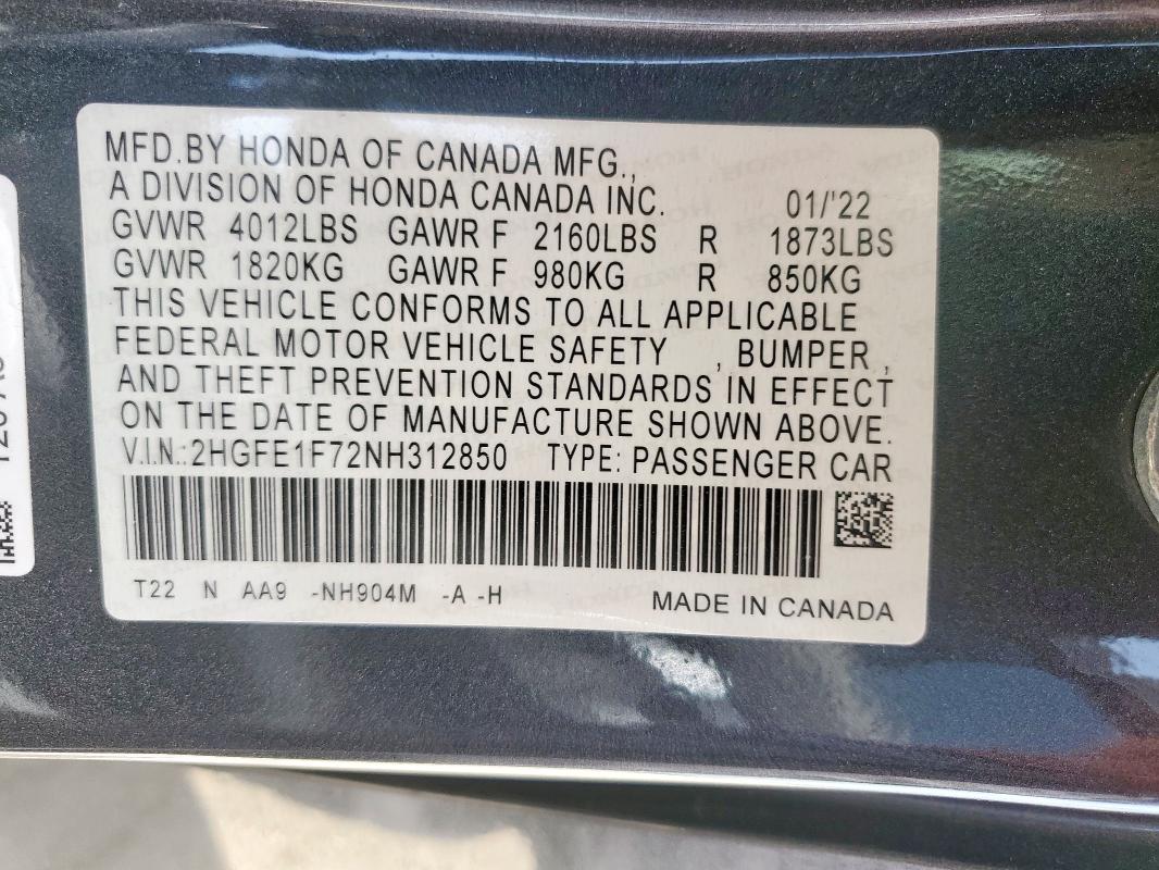 2022 HONDA CIVIC EX 2HGFE1F72NH312850
