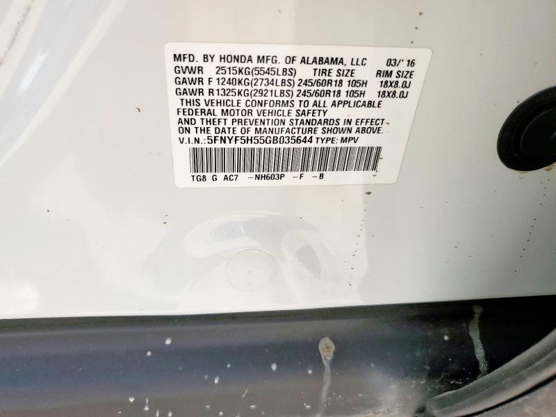 2016 HONDA PILOT EXL 5FNYF5H55GB035644
