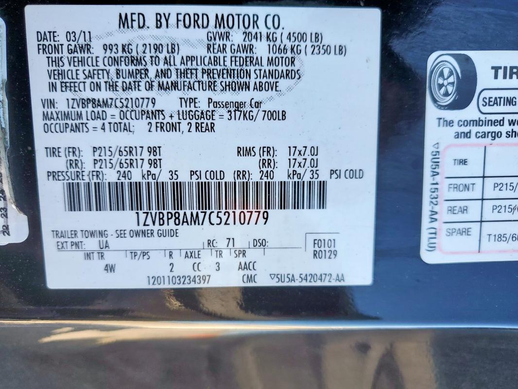 2012 FORD MUSTANG - 1ZVBP8AM7C5210779