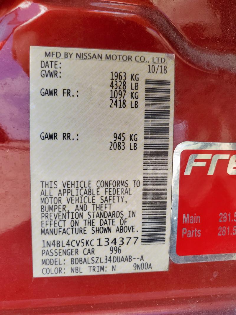 2019 NISSAN ALTIMA SR 1N4BL4CV5KC134377