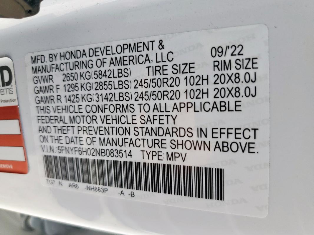 2022 HONDA PILOT ELIT 5FNYF6H02NB083514