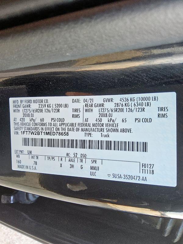 2021 FORD F250 SUPER - 1FT7W2BT1MED78658