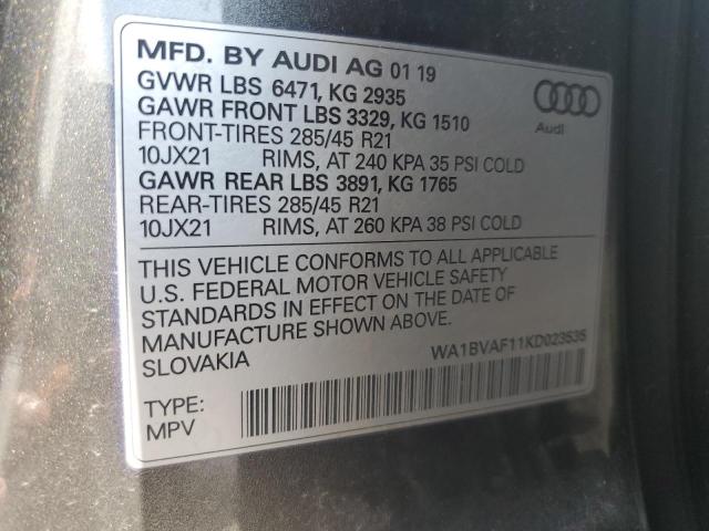 2019 AUDI Q8 PREMIUM WA1BVAF11KD023535