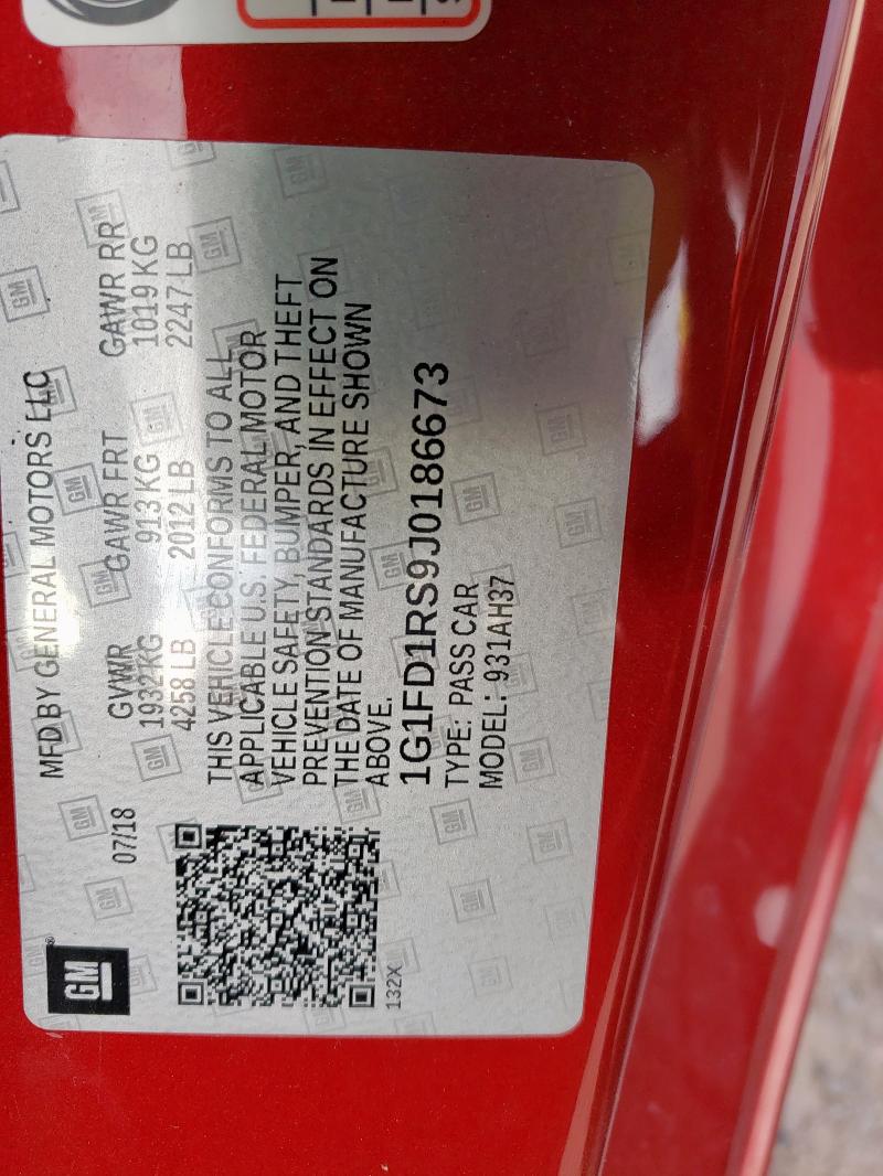 2018 CHEVROLET CAMARO LT 1G1FD1RS9J0186673