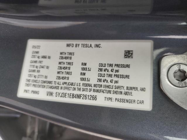 2022 TESLA MODEL 3 5YJ3E1EB4NF261266