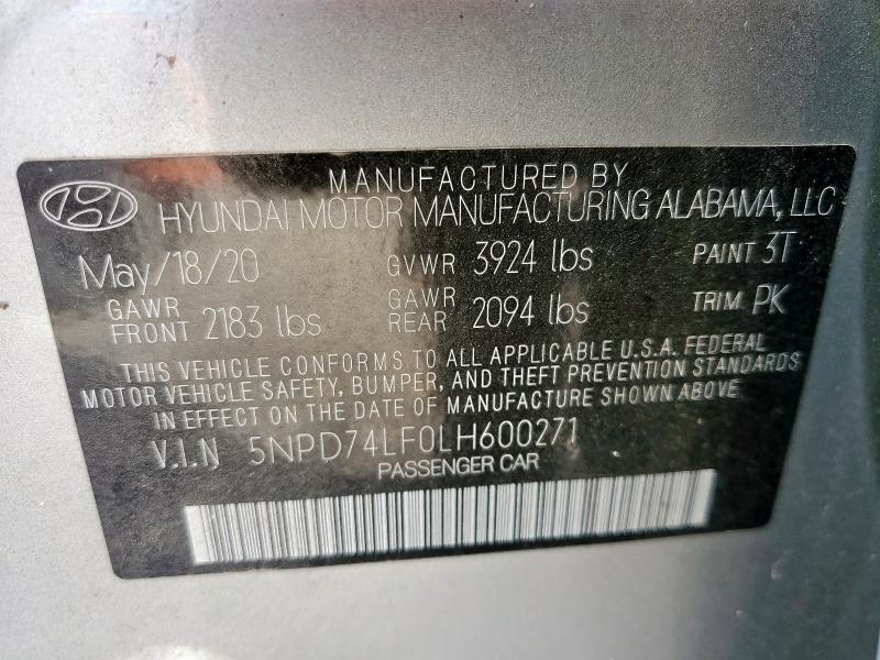 2020 HYUNDAI ELANTRA SE 5NPD74LF0LH600271