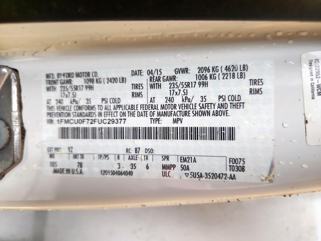 2015 FORD ESCAPE S 1FMCU0F72FUC29377