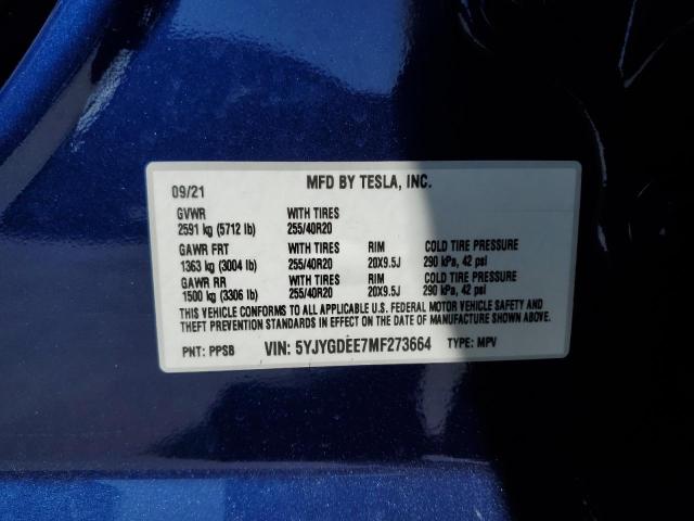 2021 TESLA MODEL Y 5YJYGDEE7MF273664