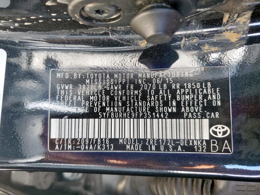 2015 TOYOTA COROLLA L 5YFBURHE9FP351442