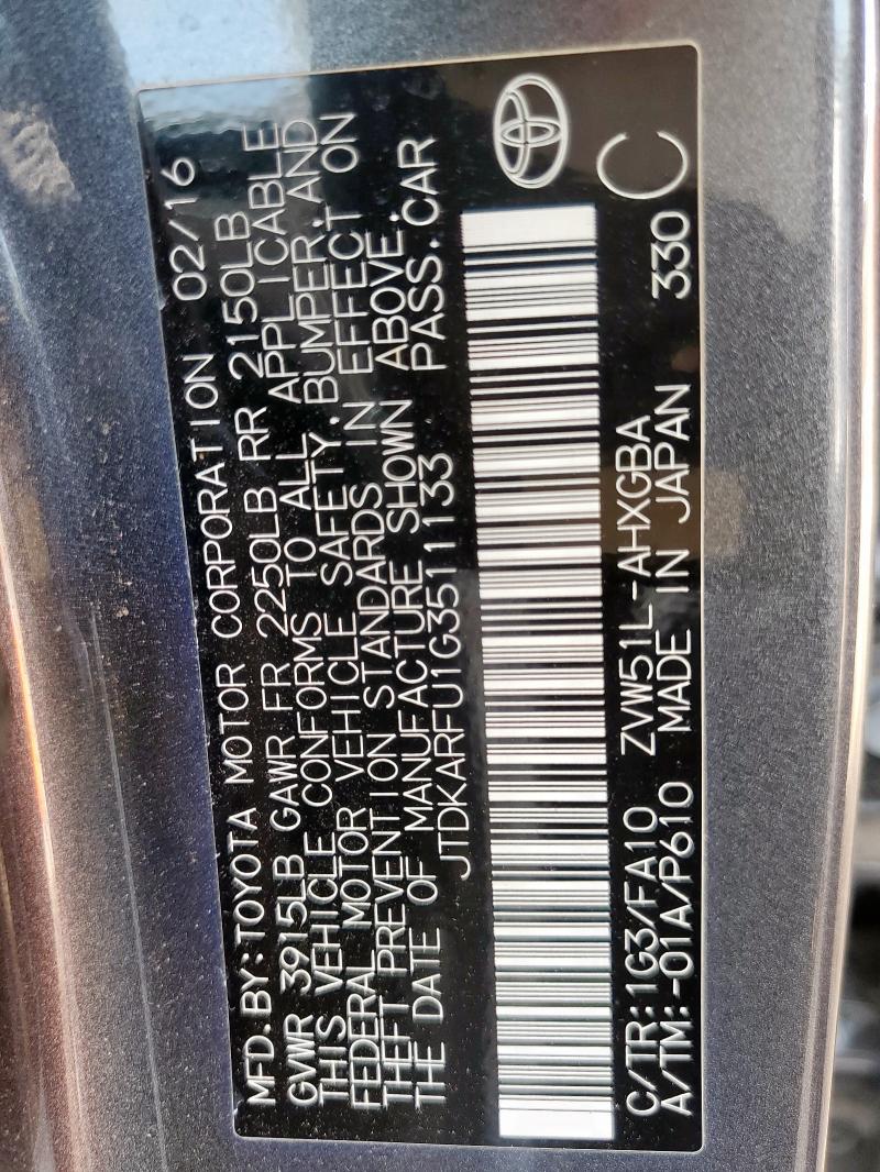 2016 TOYOTA PRIUS JTDKARFU1G3511133