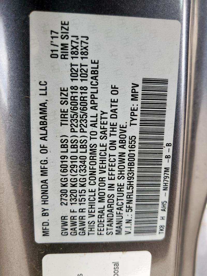 2017 HONDA ODYSSEY TO 5FNRL5H93HB001655