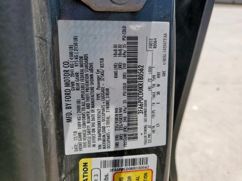 2019 FORD FUSION SEL 3FA6P0CD0KR180562