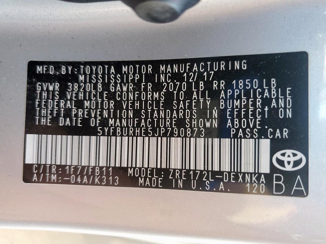2018 TOYOTA COROLLA L - 5YFBURHE5JP790873