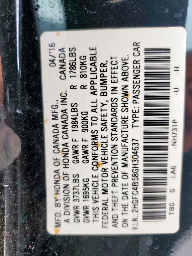 2016 HONDA CIVIC LX 2HGFC4B58GH304637