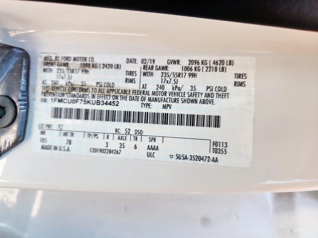 2019 FORD ESCAPE S 1FMCU0F75KUB34452