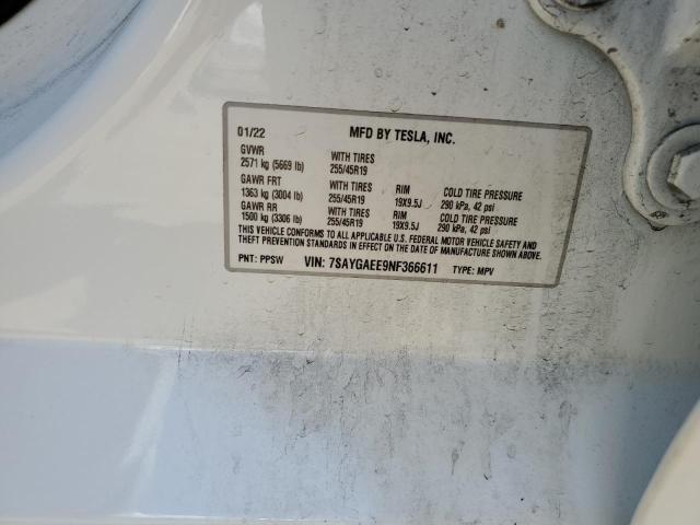 2022 TESLA MODEL Y 7SAYGAEE9NF366611