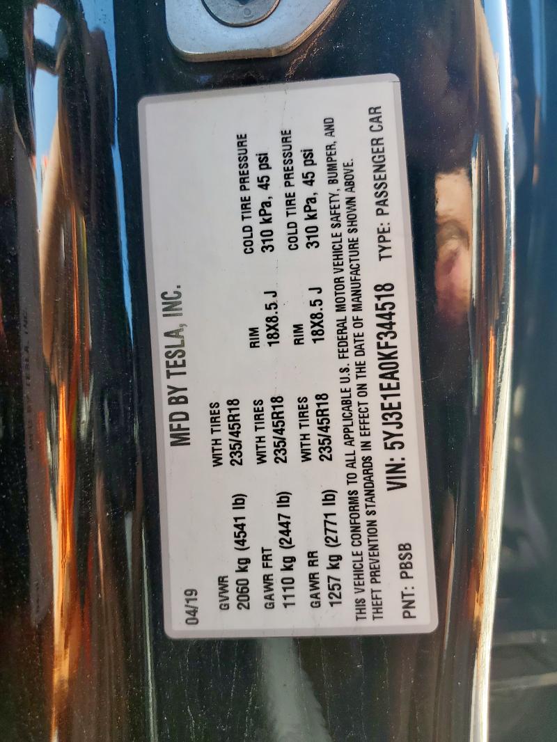 2019 TESLA MODEL 3 5YJ3E1EA0KF344518