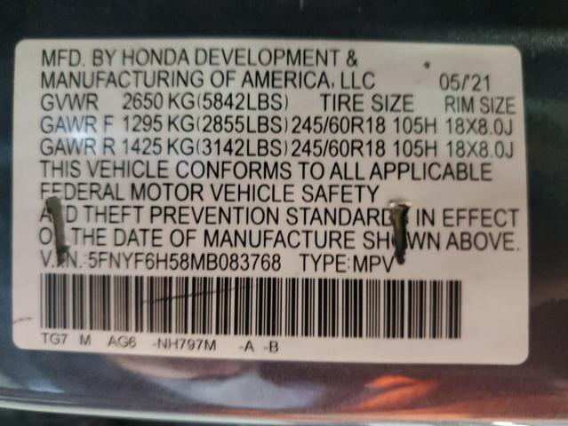 2021 HONDA PILOT EXL 5FNYF6H58MB083768