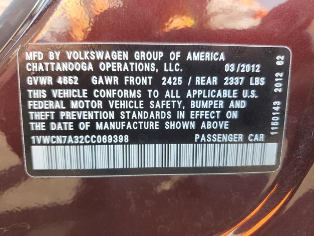 2012 VOLKSWAGEN PASSAT SEL - 1VWCN7A32CC069398